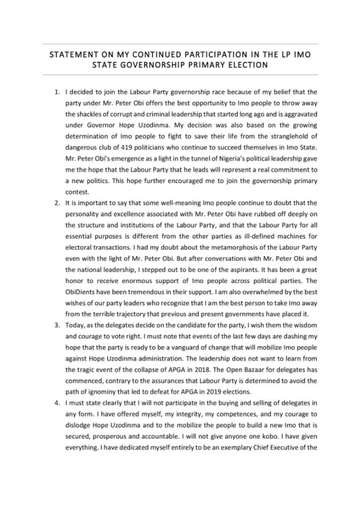 Sam Amadi Statement Labour Party