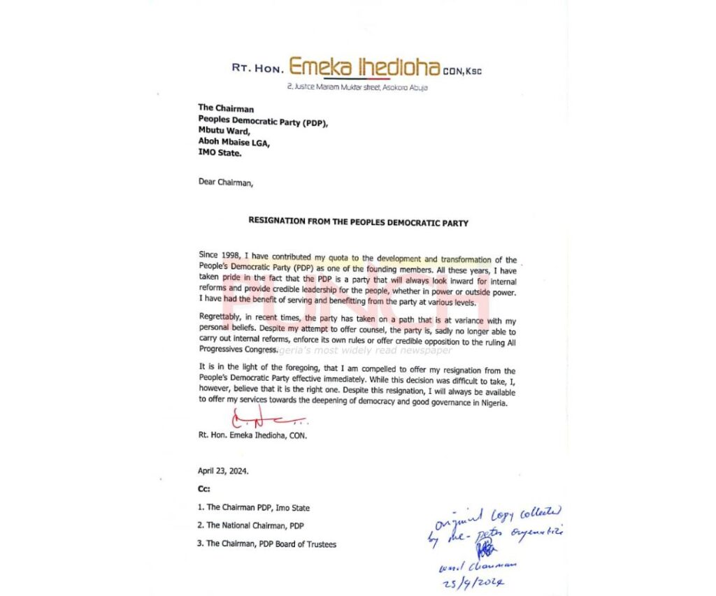 Emeka Ihedioha resigns from PDP